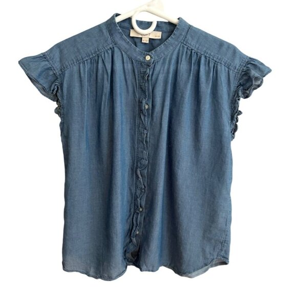 LOFT Petite Chambray Ruffle Button Front Short Sleeve Blouse Size Small - Picture 1 of 10
